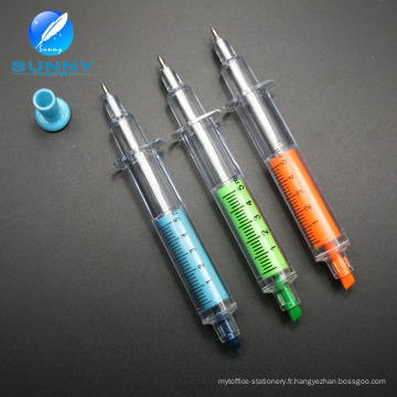 Stylo promotionnel de surligneur de seringue de couleur multi avec le stylo bille 2 dans 1